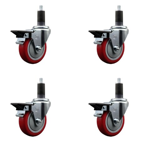 Service Caster 4'' Red Poly Swivel 1-1/4'' Expanding Stem Caster Set with Brake, 4PK SCC-EX20S414-PPUB-RED-PLB-114-4